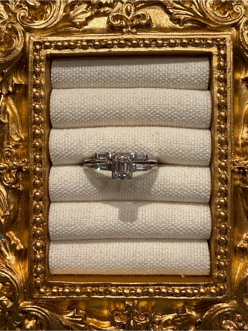 Vintage 14K White Gold Emerald Cut Diamond Bridal Wedding Ring Set Sz 7.5 3.7g